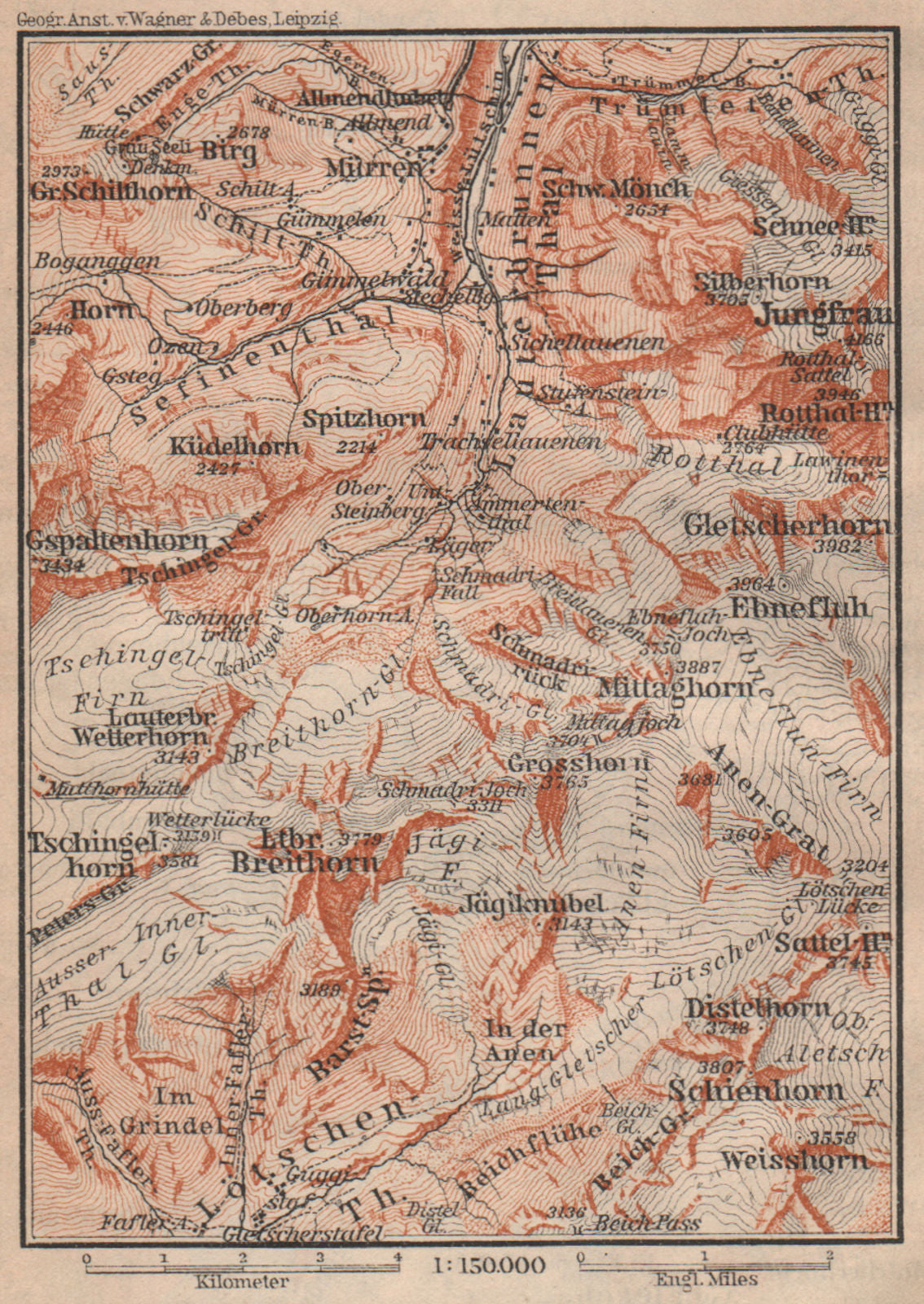 UPPER LAUTERBRUNNEN VALLEY/WALL. Mürren Breithorn Jungfrau. SMALL 1901 old map